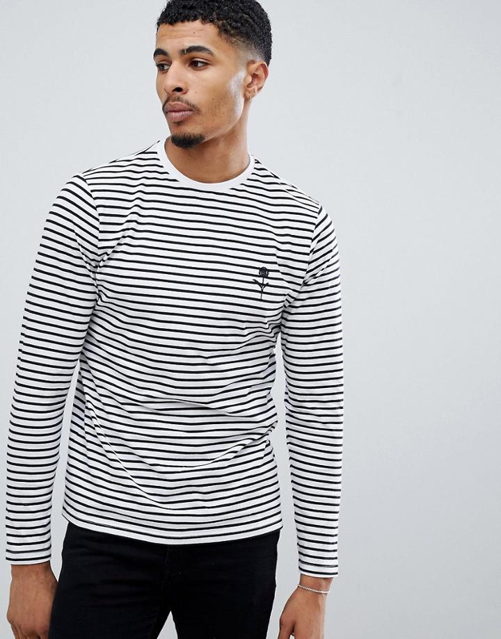 New Look Long Sleeve T-shirt With Rose Embroidery In White Stripe - White
