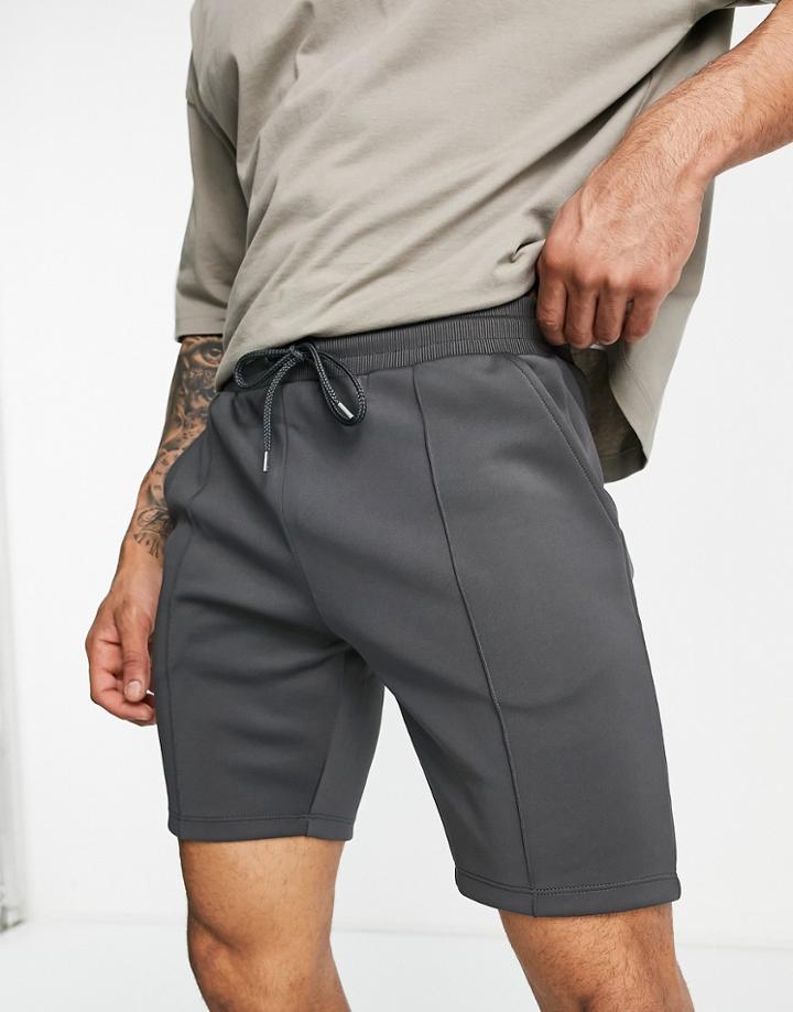 Asos Design Slim Scuba Short In Charcoal With Pintucks-black