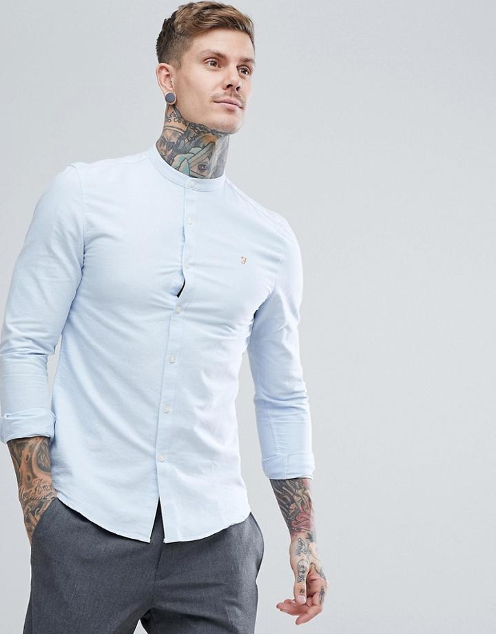 Farah Brewer Slim Fit Grandad Collar Oxford Shirt In Blue - Blue