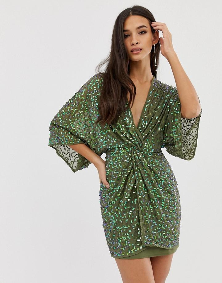 Asos Design Scatter Sequin Knot Front Kimono Mini Dress
