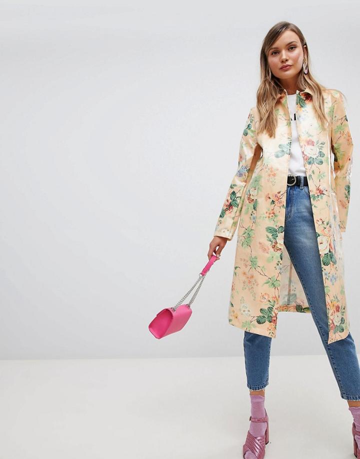 Asos Design Floral Coat In Vinyl - Multi