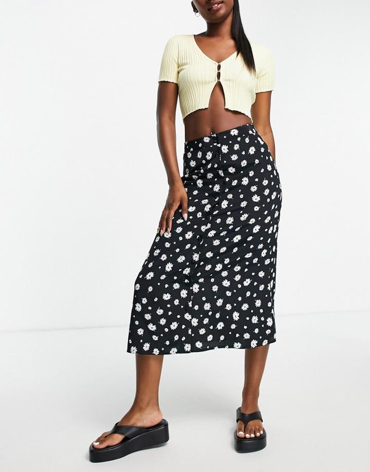 Miss Selfridge Button Through Midi Skirt In Black & White Ditsy