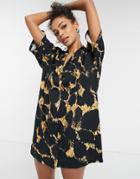 Asos Design Shirt Dress In Black And Yellow Abstract Animal Print