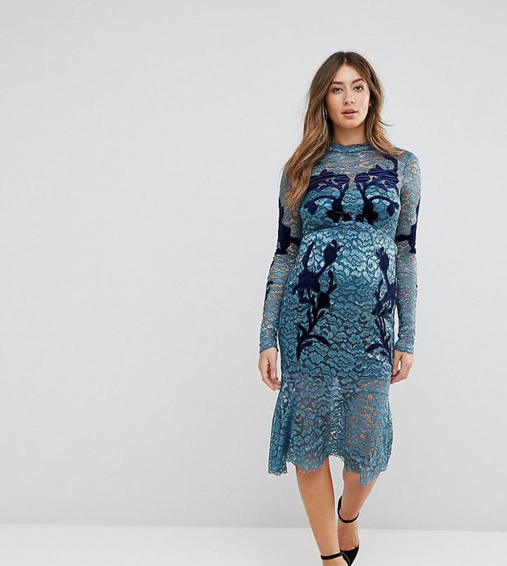 Hope & Ivy Maternity Long Sleeve Lace Dress With Velvet Applique Detail - Blue