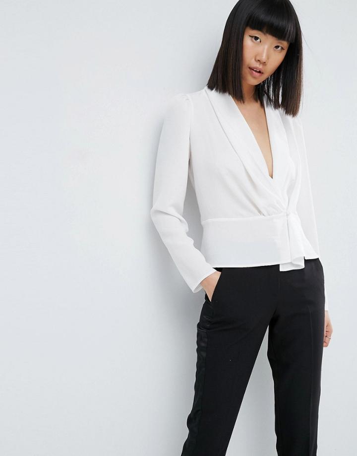 Asos Plunge Wrap Blouse With Ruched Shoulders - White