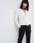Asos Plunge Wrap Blouse With Ruched Shoulders - White