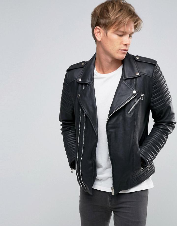 Goosecraft Leather Biker Jacket Asymmetric Zip In Black - Black
