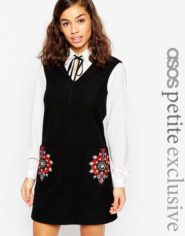 Asos Petite Pinafore Dress With Embroidered Pockets - Black