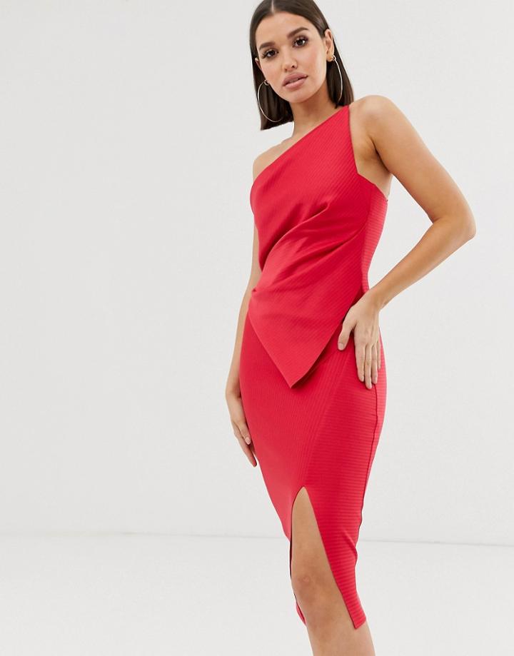 Asos Design One Shoulder Halter Self Stripe Tuck Detail Midi Dress-pink