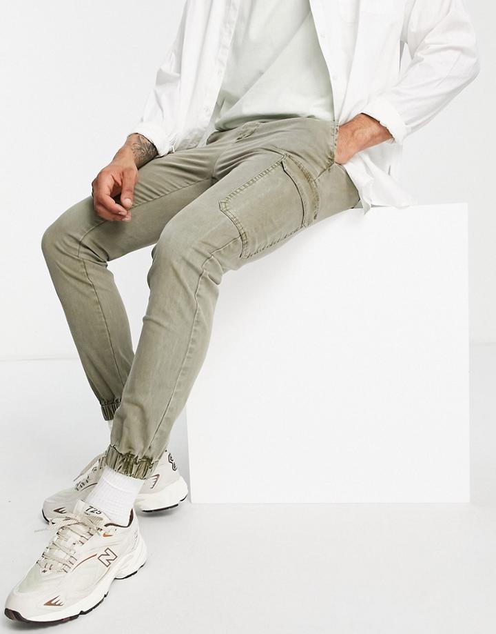 Asos Design Skinny Cargo Cuffed Pants In Washed Khaki-green