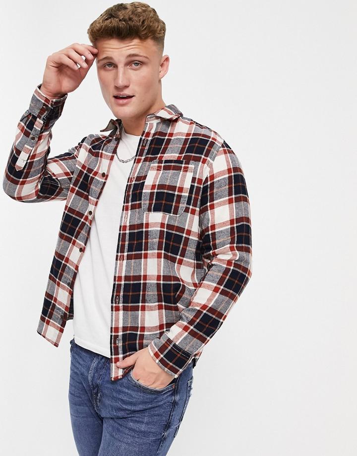 Jack & Jones Long Sleeve Plaid Shirt In Navy & Ecru-multi