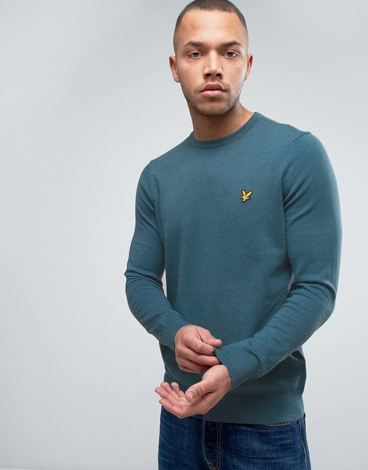 Lyle & Scott Crew Sweater Cotton Merino Knit Eagle Logo In Teal - Blue