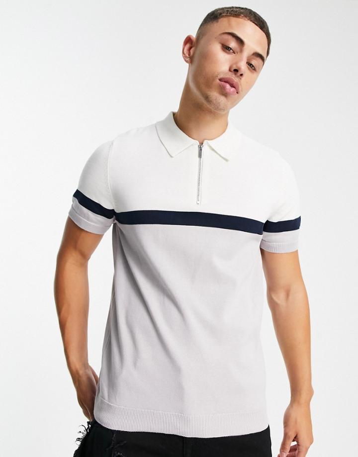 Topman Knitted Panelled Polo In Gray And White-grey