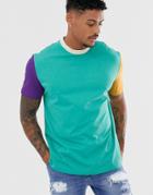 Asos Design Relaxed T-shirt With Contrast Sleeves In Green - Green