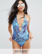 Missguided Snake Print Plunge Neck Swimsuit - Multi
