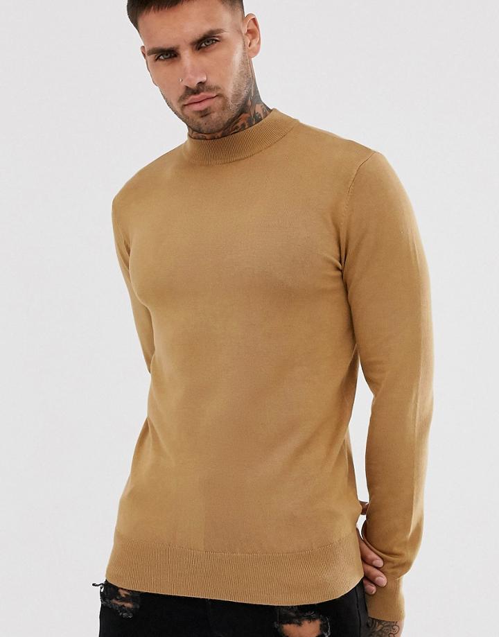 Gianni Feraud Premium Muscle Fit Stretch Turtleneck Fine Gauge Sweater-brown