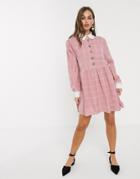 Sister Jane Mini Smock Dress With Ornate Buttons In Light Grid Check-pink