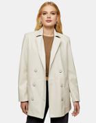 Topshop Faux Leather Double Breasted Blazer In Ecru-white