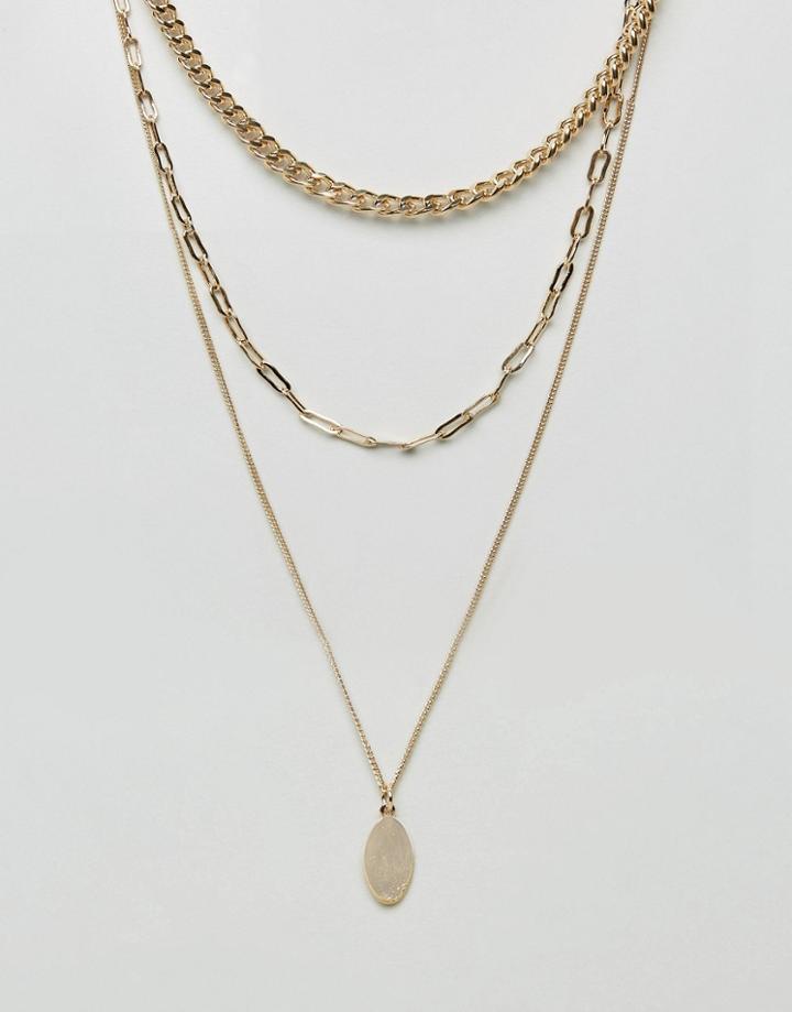 Asos Chain And Oval Disc Pendant Multirow Necklace - Gold