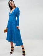 Asos Design Wrap Maxi Dress With Long Sleeve In Jacquard-blue