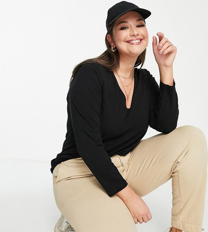 Vero Moda Curve V-neck Long Sleeve T-shirt In Black