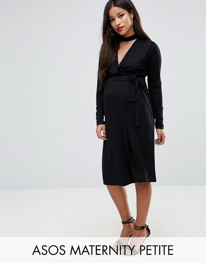 Asos Maternity Petite Nursing Dress With Wrap And Choker Detail - Black