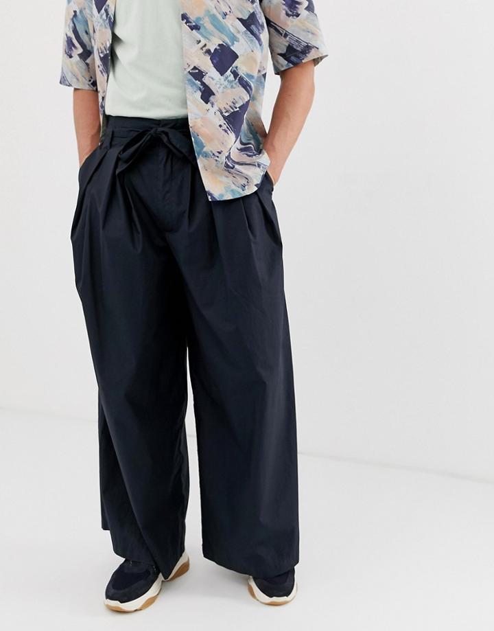 Asos White Volume Pants In Dark Navy Paper Touch Cotton - Navy