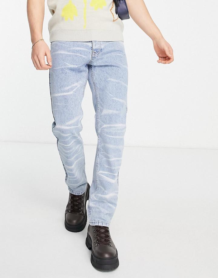 Topman Straight Wavy Bleach Jeans In Light Wash Blue
