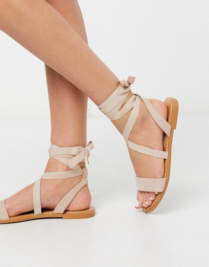Asos Design Finland Tie Leg Flat Sandals In Beige-neutral