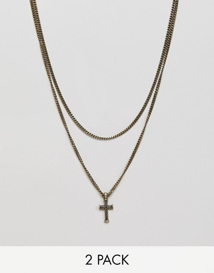 Icon Brand Cross & Chain Necklace In Burnished Gold In 2 Pack Exclusive To Asos - Gold