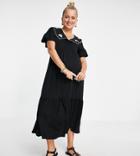 Violet Romance Maternity Tiered Smock Midi Dress With Embroidered Collar In Black