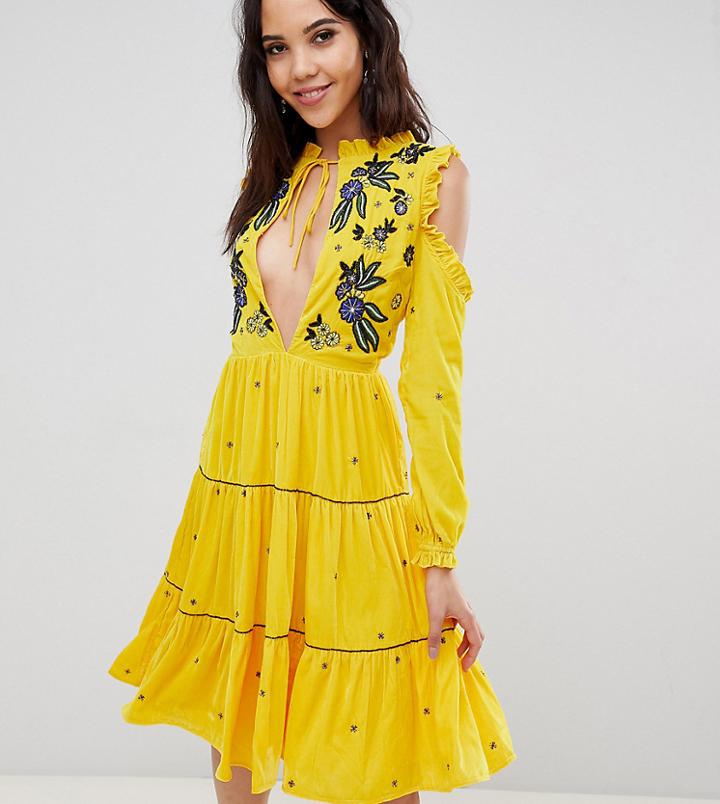 Frock And Frill Tall Cold Shoulder Velvet Smock Dress With Floral Embroidery-yellow