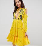 Frock And Frill Tall Cold Shoulder Velvet Smock Dress With Floral Embroidery-yellow