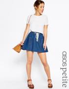 Asos Petite Denim High Waist Flippy Skirt In Mid-wash Blue - Blue