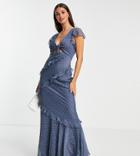 Asos Design Tall Satin Bias Cut Tea Maxi Dress With Ruffle Sleeve In Fil Coupe-blues