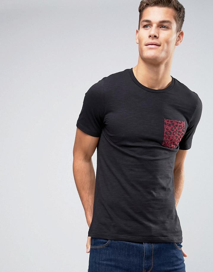 Jack And Jones T-shirt With Leopard Print Pocket - Black