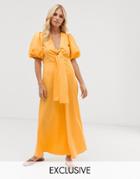Y.a.s Cotton Volume Sleeve Tie Front Midi Dress In Marigold-yellow