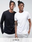 Asos 2 Pack Long Sleeve T-shirt In Black/white With Crew Neck Save - Multi
