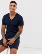 Asos Design Muscle Fit T-shirt With V Neck In Navy - Navy