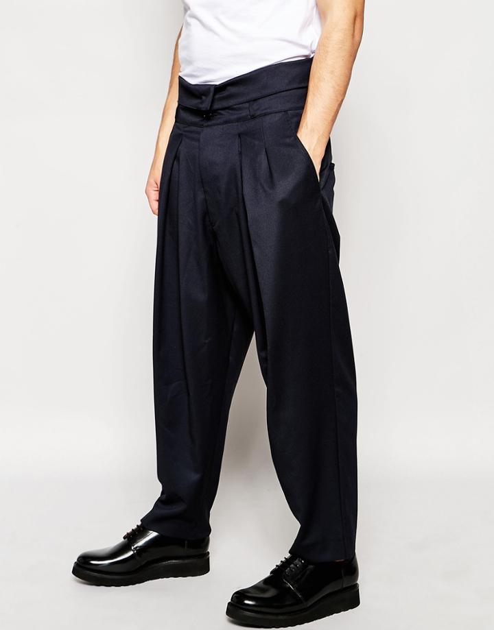 Asos Wide Tapered Pants With Fold Over Button Waistband - Navy