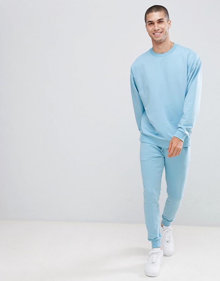 Asos Design Tracksuit Oversized Sweatshirt/super Skinny Joggers In Sky Blue - Red