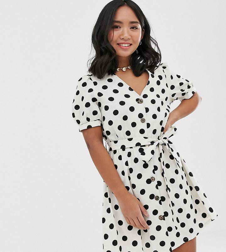 Miss Selfridge Petite Linen Mini Dress In Polka Dot-white