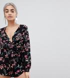 Parisian Petite Floral Long Sleeve Wrap Romper - Black