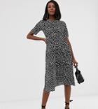 Asos Design Maternity Midi Tie Waist Plisse Dress In Mono Spot-multi