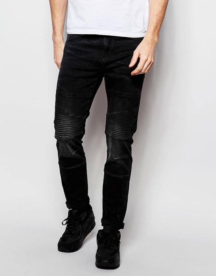 Pull & Bear Skinny Biker Jeans In Washed Black - Black
