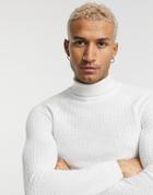Asos Design Muscle Fit Basket Stitch Roll Neck Sweater In White