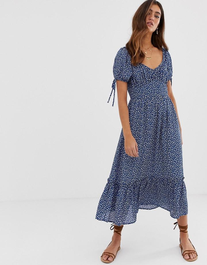 Moon River Balloon Sleeve Flounce-hem Midi Dress - Blue