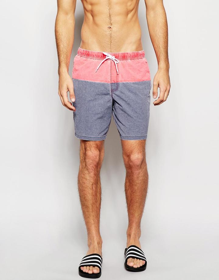 Asos Mid Length Swim Shorts In Blue/red With Acid Wash - Red