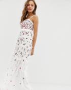 Needle & Thread Allover Multi Embroidered Cami Strap Maxi Dress In Ivory - White