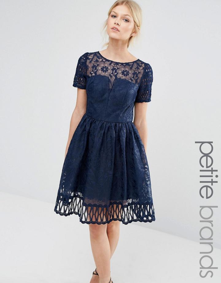Chi Chi London Petite Premium Lace Dress Cutwork Detail And Cap Sleeve - Navy